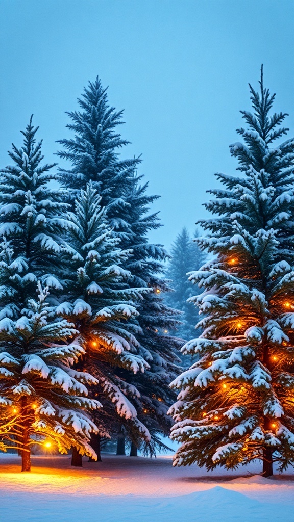A serene winter landscape with snow-covered trees and twinkling lights, embodying the spirit of Christmas.